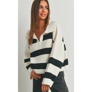 Buttermelon Striped Black & Cream Collared Oversized Sweater-Size S
